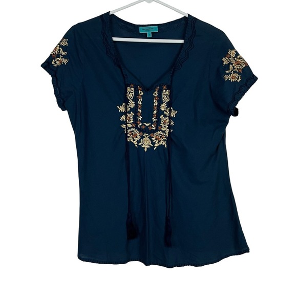 British India Traveller Tops - British India Traveller Navy Blue Embroidered V-Neck Top - Sz 7 (Small/Med)